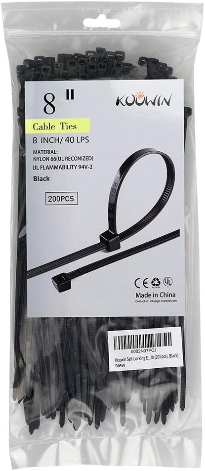 200 Pack Bulk KOOWIN Medium Nylon Plastic Cable Zip Ties, 8 inch Wire Wraps in Black