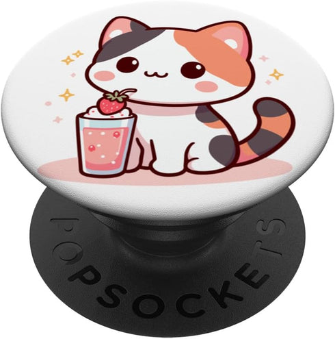 Cute Kawaii Style Calico Cat Drinking Strawberry Milk PopSockets Standard PopGrip