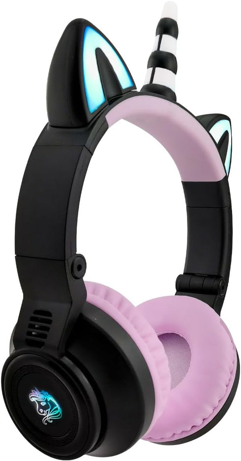 Unicorn Bluetooth Headphones for Girls, Foldable Light Up Kids Wireless Headphones for Toddlers, Birthday Gifts (Black)