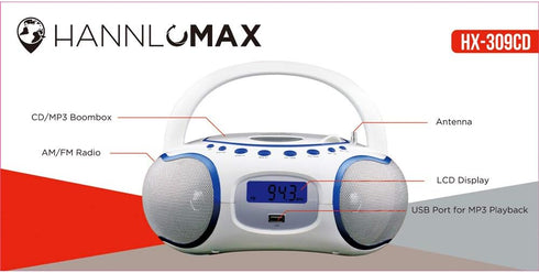 HANNLOMAX HX-309CD Portable CD/MP3 Boombox, AM/FM Radio, Bluetooth, USB Port for MP3 Playback, Aux-in, AC/DC Operated