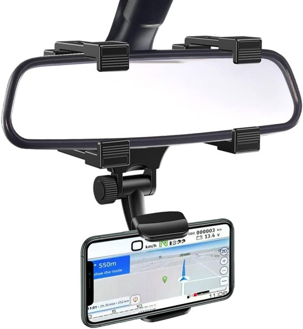 VAGURFO Rear View Mirror Phone Holder Mount, Universal Smartphone Cradle with 270° Swivel and Adjustable Clips - Black
