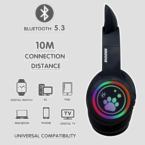 Cat Ear Wireless Headphones, Bluetooth 5.3, 60H Over Ear, 8H with LED Light, Foldable Music Gaming Headset with Aux Mic