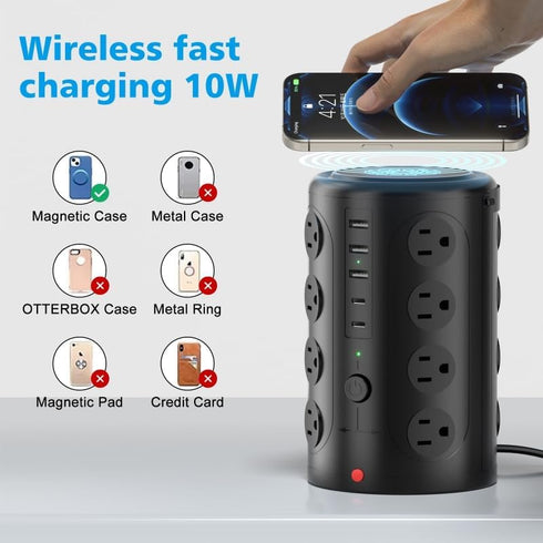 Surge Protector Power Strip, Desk Charging Station with 15W Magnetic Wireless Charger, 16 AC Outlets & 5 USB Ports