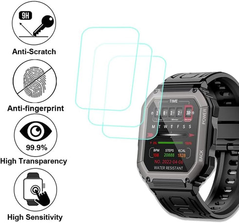Tempered Glass Screen Protector for Hemisol, ZYCZWL KR06 1.8 inches Rugged Smart Watch, 3pcs, 9H