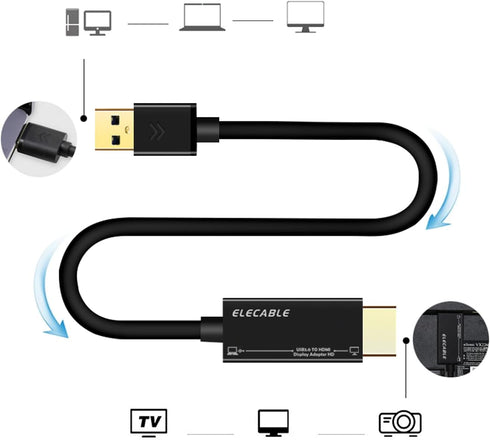 USB to HDMI Adapter Cable 6FT for Mac OS Windows 11/10/8/7, USB 3.0 to HDMI Male HD 1080P Converter Cord
