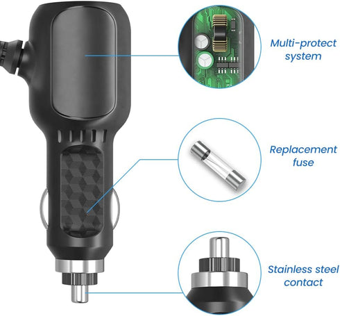 12V Car Charger with 5V Dual USB Ports and 5 Connectors for Radar Detector, Portable Air Pump, 6.6ft Cable