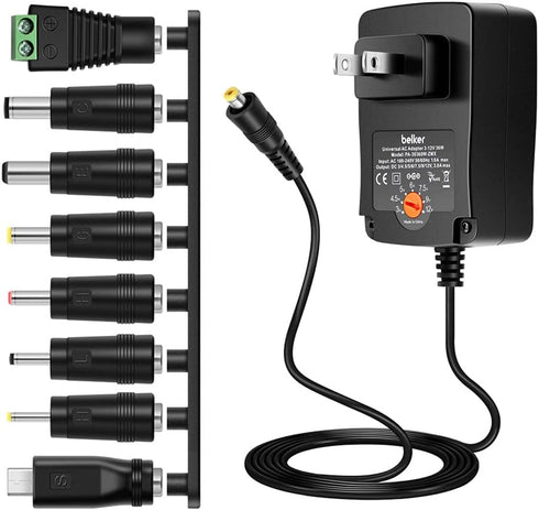 Belker 36W Universal AC DC Adapter Power Supply for LCD LED Light Strip, Router, Speaker, TV Box
