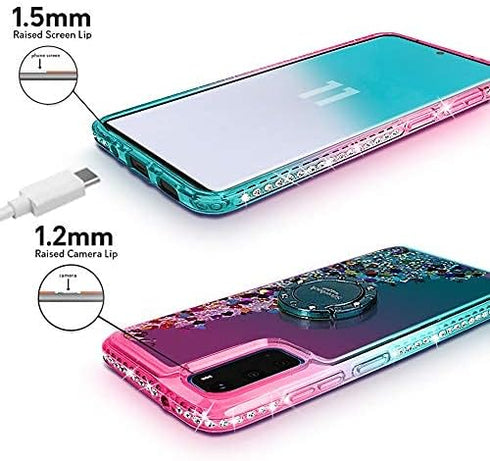 Silverback Moving Liquid Holographic Glitter Case for Galaxy S20, Girls Women Bling Ring Stand Slim Case - Green