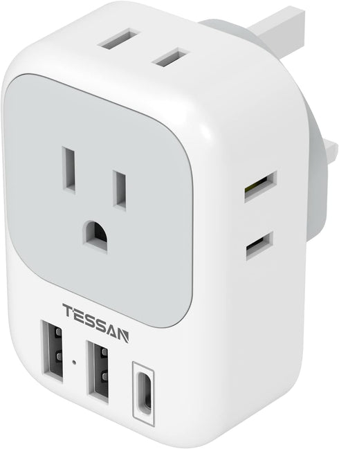 TESSAN US to UK Plug Adapter, Type G Travel Converter with 3 USB Charger and 4 Outlets for USA to UK