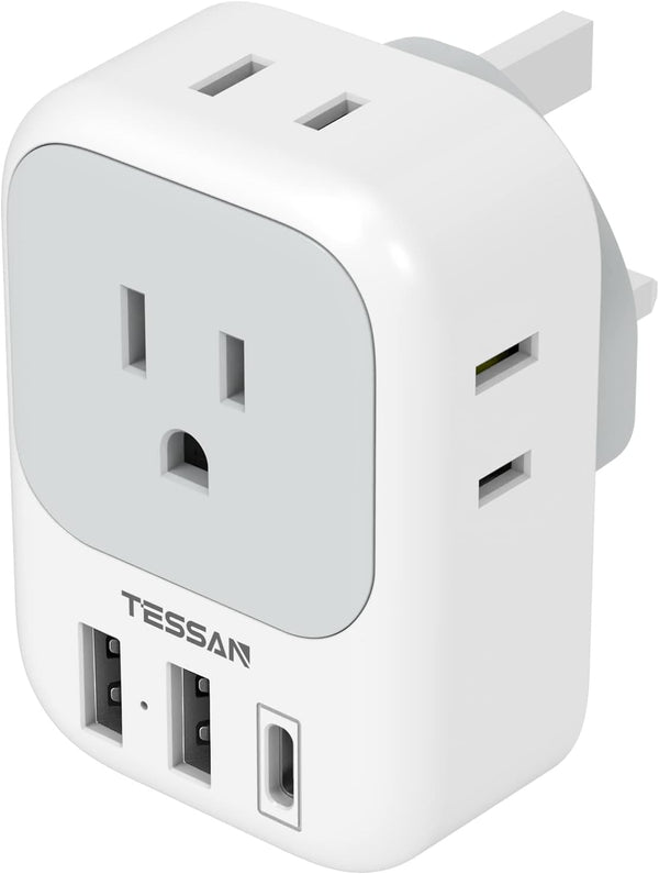 TESSAN US to UK Plug Adapter, Type G Travel Converter with 3 USB Charger and 4 Outlets for USA to UK