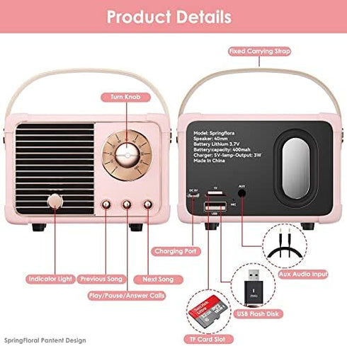 Retro Bluetooth Speaker, Wireless Vintage Small Speaker with Hands-Free Call, Portable for iOS Android Gift Ideas