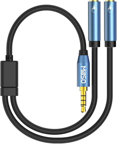 MillSO Headset Splitter for 2 TRRS Headphones or Mics - 3.5mm Jack Adapter Male to 2 Dual Female