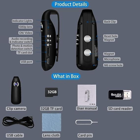 Bextgoo 1080P 32GB 7HR Body Camera, Body Cam, FHD, Built-in TF Card, Battery Life, Night Vision, Time Stamp,Back Clip