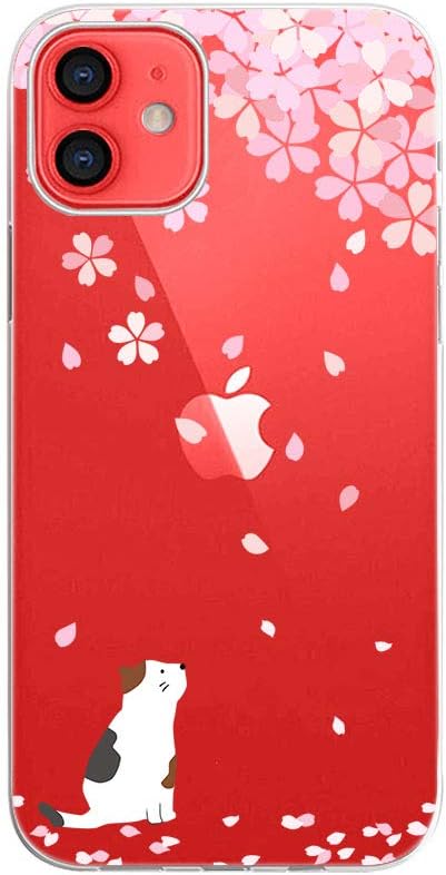 Blingy's Compatible iPhone 12 Case (6.1 inch), Cute Cat Design with Cherry Blossom Pattern, Transparent Soft TPU