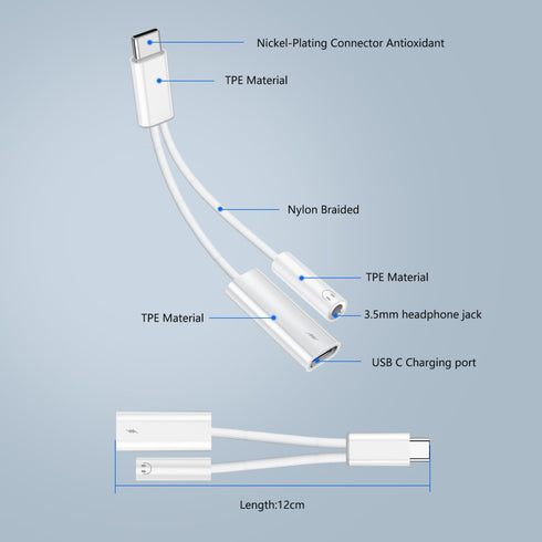 USB C to 3.5mm Audio Adapter with Charger, 2 in 1 USB C to 3.5mm Headphone Jack Hi-Fi DAC with PD 60W