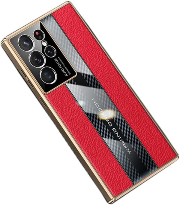 Samsung Galaxy S22 Ultra Case 5G, Luxury TPU Carbon Fiber & Leather Back Cover, Shockproof Red
