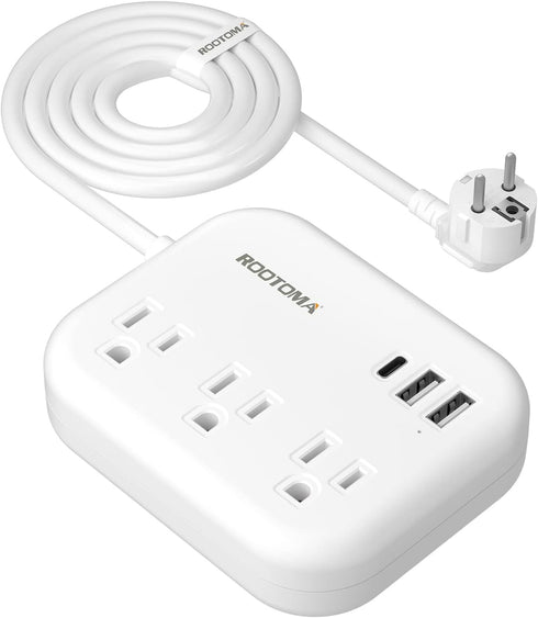 ROOTOMA European Travel Plug Adapter with USB C, 3 Outlets, 3 USB Ports for EU, Spain, France, Germany, Greece