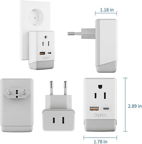 Ceptics European Travel Plug Adapter with Schuko QC 3.0 & PD Safe Dual USB & USB-C - 2 USA Socket - Compact & Powerful