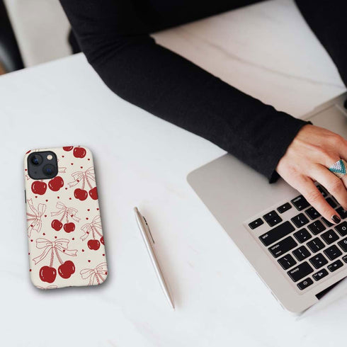 iPhone 14 Plus Case, HH2 Red Cherry Bows Hybrid 2 Layer Hard Shell Silicone Protective Pattern Design