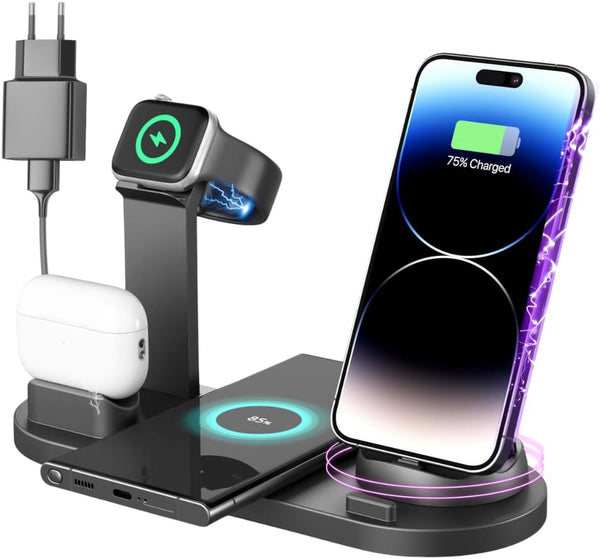6 in 1 Wireless Fast Charger (Black) Charging Station for iPhones, Smart Phones, Airpods, Smart Watches with USB
