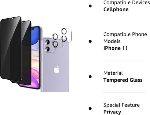 YMHML iPhone 11 Privacy Screen Protector (2 Pack) + Camera Lens Protector, Anti-Spy Tempered Glass, Easy Install.