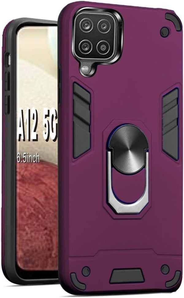 Folmeikat Samsung Galaxy A12 5G Case, Shockproof Armor with 360 Rotating Ring Kickstand, Wine Red