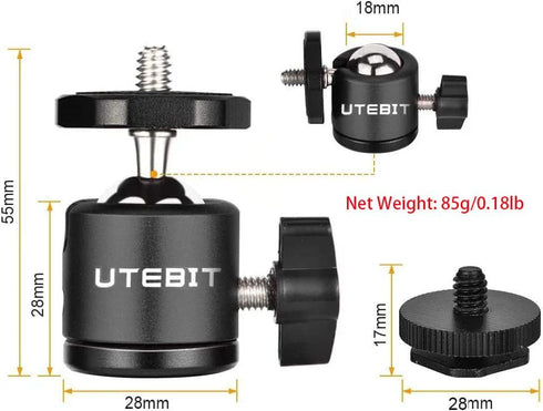 UTEBIT 2 Pack Mini Ball Head with 1/4" Hot Shoe Mount Adapter, 360° Swivel for DSLR Camera