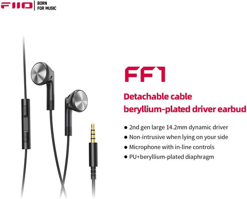 FiiO FF1 3.5mm HIFI Music Wired Bass Earbud 14.2mm Dynamic HD Microphone Earphone for Gaming Meeting Video (Black)
