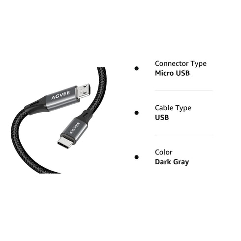 AGVEE 6ft USB-C OTG to Micro USB Cable (2 Pack) - Braided Charger for Samsung Galaxy, LG, PS4, Xbox, Android - Dark Gray