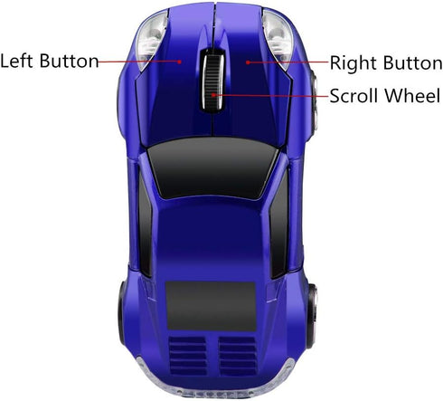 Wireless Sports Car Shape Mouse for Tesla Roadster, Optical Mouse with 2.4GHz USB Receiver, AA Battery Powered (Blue)