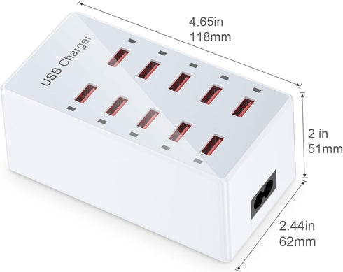 USB Charger 10-Ports, USB Charging Station for Multiple Devices, Power Hub Strip, Smart Plug Charging Dock for iPhone