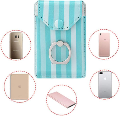 RFID Cell Phone Card Holder Stick on Wallet for Back of Phone, Green Striped for iPhone Android Smartphones