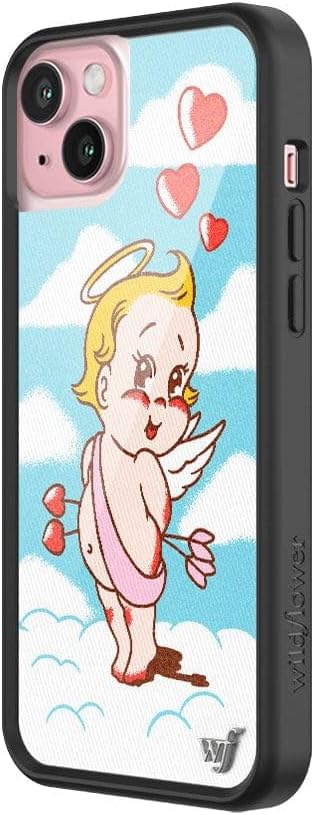 Wildflower Cases Little Angel Case for iPhone 15 Plus - Blue, Angel, Cherub, Red, Clouds, Protective Black Bumper