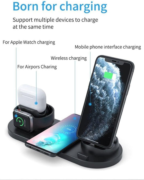 Multi-Functional 6 in 1 Wireless Phone Charger Dock (Black)