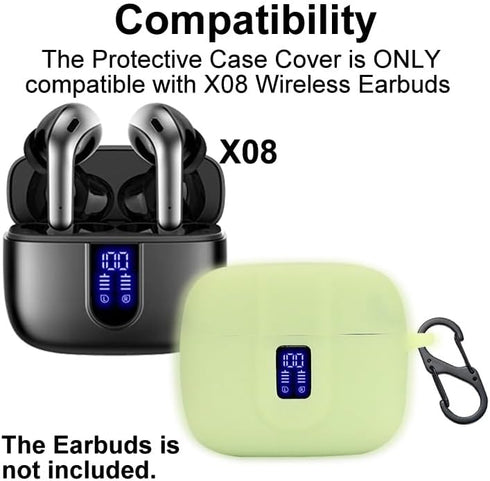 Earbuds Case Compatible with TAGRY X08 Wireless Headphone, iluminous Silicon Protective Cover with “S” Shaped Dual Carabiner, with Window for LED Display (Fluorescent Night Yellow)