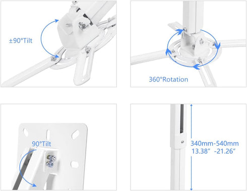 suptek White Projector Ceiling Mount Bracket, Adjustable for Flat or Sloped Ceilings, Fits LCD/DLP Projectors
