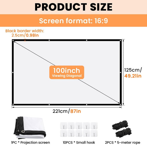StepOK 16:9 60"|72"|84"|100"|120"|150" (100 inch Projector Screen, White Projector Screen, No Crease Home Theater