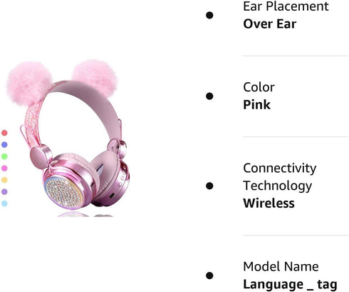 Wireless LED Light up Color Changing Girls Bluetooth Headsets - 10 Hours 5.0 Bluetooth Headphones for School, Pink
