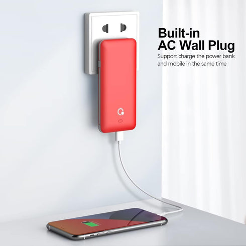 10000mAh Portable Charger, Slim USB B C Power Bank, 4 Output External Battery Pack with Built-in AC Wall Plug