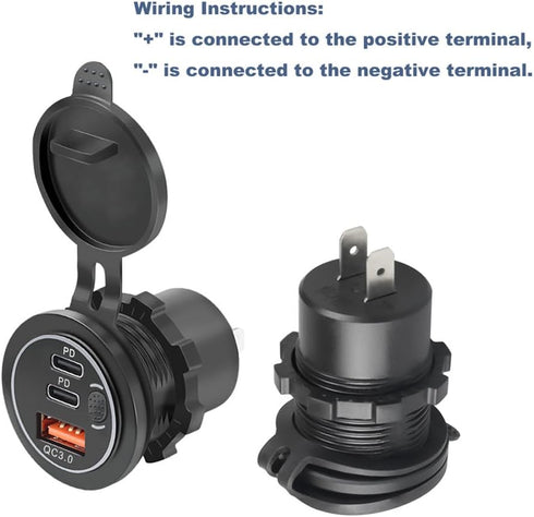 3 Ports 18W USB Car Charger with Switch - 12V-24V QC 3.0 USB & Dual PD USB C Cigarette Lighter Socket, Waterproof