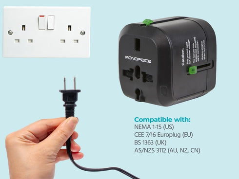 Monoprice Compact Cube Universal Travel Adapter, Supports International Power Outlets in Black