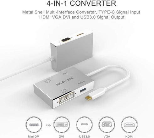 USB C to HDMI DVI VGA USB 3.0 Adapter,USB 3.1 Type-C 4in1 Hub to HDMI DVI 4K VGA USB Adaptor Converter (Thunderbolt 3 Compatible), USB-C Adapter for MacBook/MacBook Pro air/Surface pro by BELIN LINK