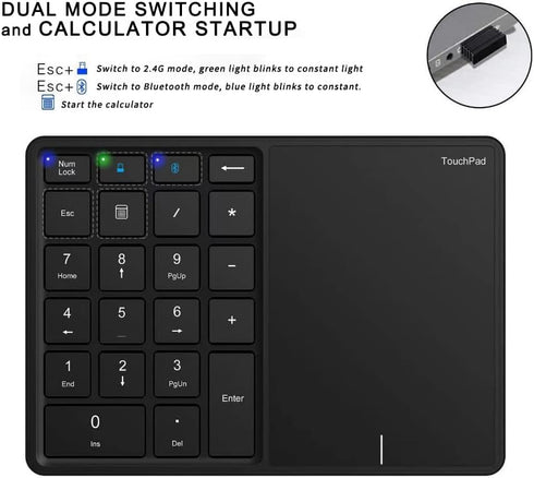 Lazmin112 Wireless Numeric Keypad, 22 Keys 2.4G Bluetooth Number Keyboard with Touchpad, Type C Interface, for Win,
