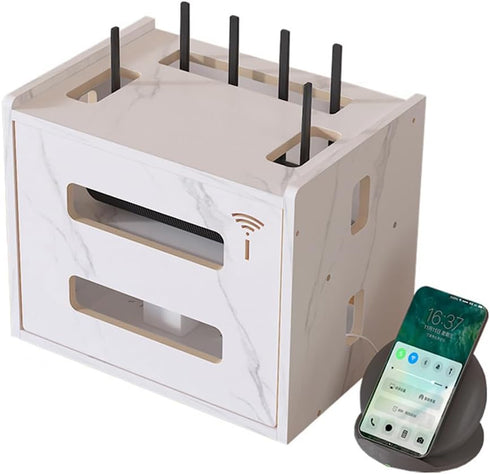W WWEENUO Wooden Router Shelf, Desktop WiFi Router Storage Box Modem Rack Cover Power
