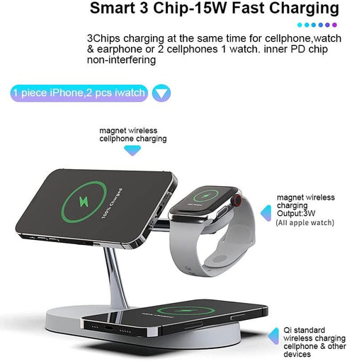 5 in 1 Magnetic Wireless Charging Stand, 15W Fast Mag-Safe Charging Station for iPhone 15/14/13/12, iWatch, Airpods