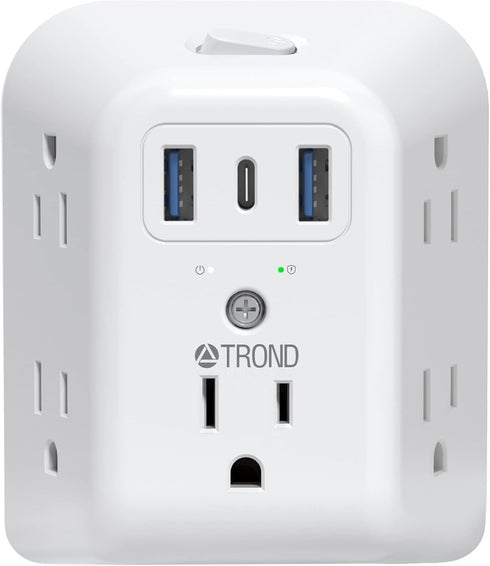TROND 2 Prong Power Strip USB, 5 Outlet Splitter with 3 USB Ports (1 USB C), 2 to 3 Prong Outlet Adapter, Wall Mount