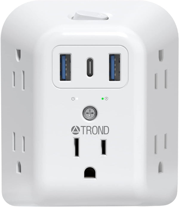 TROND 2 Prong Power Strip USB, 5 Outlet Splitter with 3 USB Ports (1 USB C), 2 to 3 Prong Outlet Adapter, Wall Mount