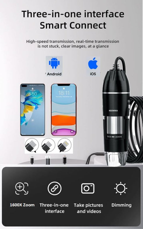 USB Digital Microscope, 50x-1600x Magnification Handheld, 1440P HD with 8 LED Lights, Portable for iOS and Android