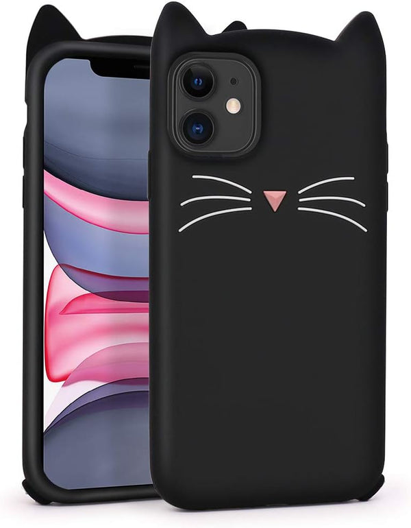 Cute iPhone 11 Case, Funny Animals Black Whisker Cat Ears 3D Cartoon Soft Silicone Shockproof Cover for Girls