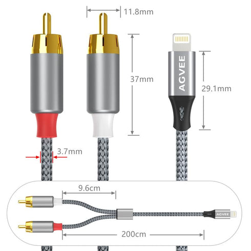AGVEE 4ft MFi Certified Lightning to RCA Cable Adapter for iPhone 14 13 12 11 XS XR X 8 7 to Car, Home Stereo - Gray